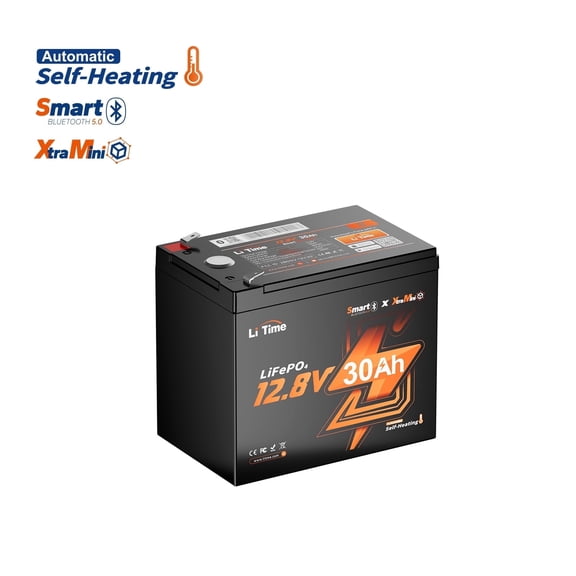 LiTime 12V 30Ah Ice Fishing & Portable Bluetooth LiFePO4 Battery, 12.8 Volt Mini Self-Heating Lithium Battery, 4000+ Deep Cycle,for Fish Finder, Kayak, Camping