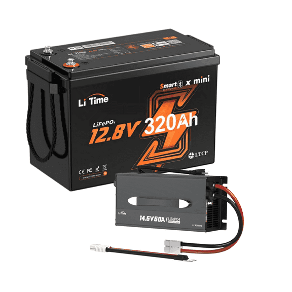 LiTime 12V 320Ah Mini Lithium LiFePO4 RV Battery with 12V 60A Charger & Bluetooth, Max 15000 Deep Cycles Battery, 4096Wh Energy Perfect for Camper, Trailer, Van, Truck, Solar, Marine