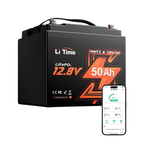 LiTime 12V 50Ah Lifepo4 Battery, Built-In Smart 50A BMS & EV-Grade Cells, Bluetooth With Low Temperature Protection, 4000+ Deep Cycles For Rv, Boat, Fishing Finder