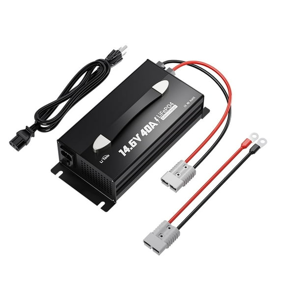 LiTime 14.6V 40A Lithium Battery Charger Mountable for 12V LiFePO4 Lithium Battery with LED Indicator and ON/Off Switch, AC-DC Smart Charger for 12.8V LiFePO4 Lithium Batteries, 40A Fast Charging