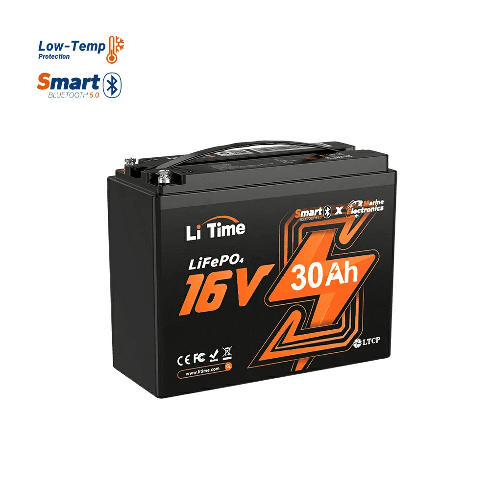 LiTime 16V 30Ah Deep Cycle Bluetooth LiFePO4 Lithium Battery For Fish Finder, Fishing Electronics