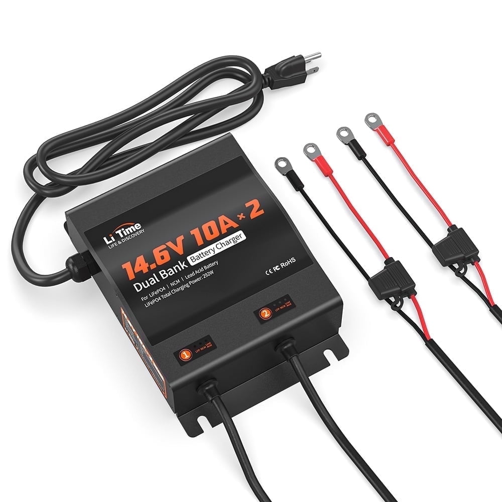 LiTime 2 Bank 12V 10A Battery Charger Waterproof Fast Charging, 4 Safety Protections
