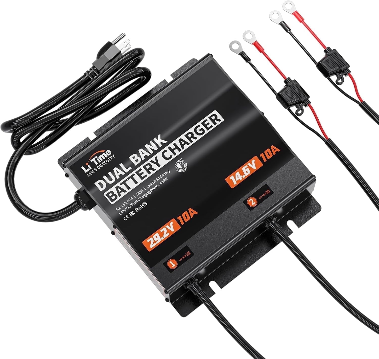 LiTime 2-Bank29.2V 10A & 14.6V 10A Lithium Battery Charger for 24V(25.6V)/12V(12.8V) LiFePO4 Battery, AC-DC Smart Charger with IP65 Waterproof, LED Indicator for Boat, Golf Cart, RV and Home