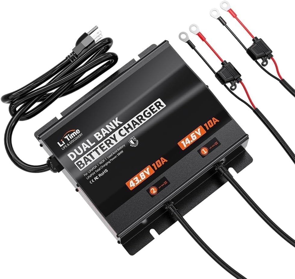 LiTime 2-Bank43.8V 10A & 14.6V 10A Lithium Battery Charger for 36V(38.4V)/12V(12.8V) LiFePO4 Battery, AC-DC Smart Charger with IP65 Waterproof, LED Indicator for Boat, Golf Cart, RV and Home