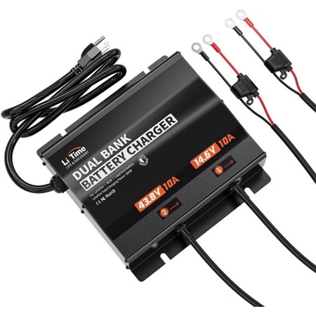 LiTime 2-Bank(43.8V 10A&14.6V 10A)Lithium Battery Charger for 36V(38.4)/12V(12.8) LiFePO4 Battery, AC-DC Smart Charger with IP65 Waterproof