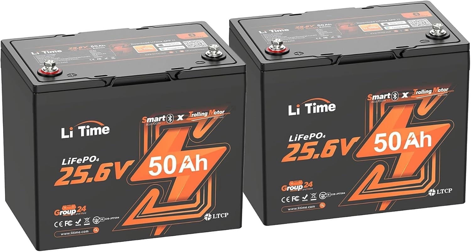 LiTime 2 Pack 24V 50Ah TM LiFePO4 Battery Group 24 Low-Temp Protection Marine Lithium Battery for Trolling Motors
