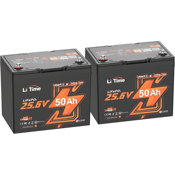 LiTime 2 Pack 24V 50Ah TM LiFePO4 Battery Group 24 Low-Temp Protection Marine Lithium Battery for Trolling Motors