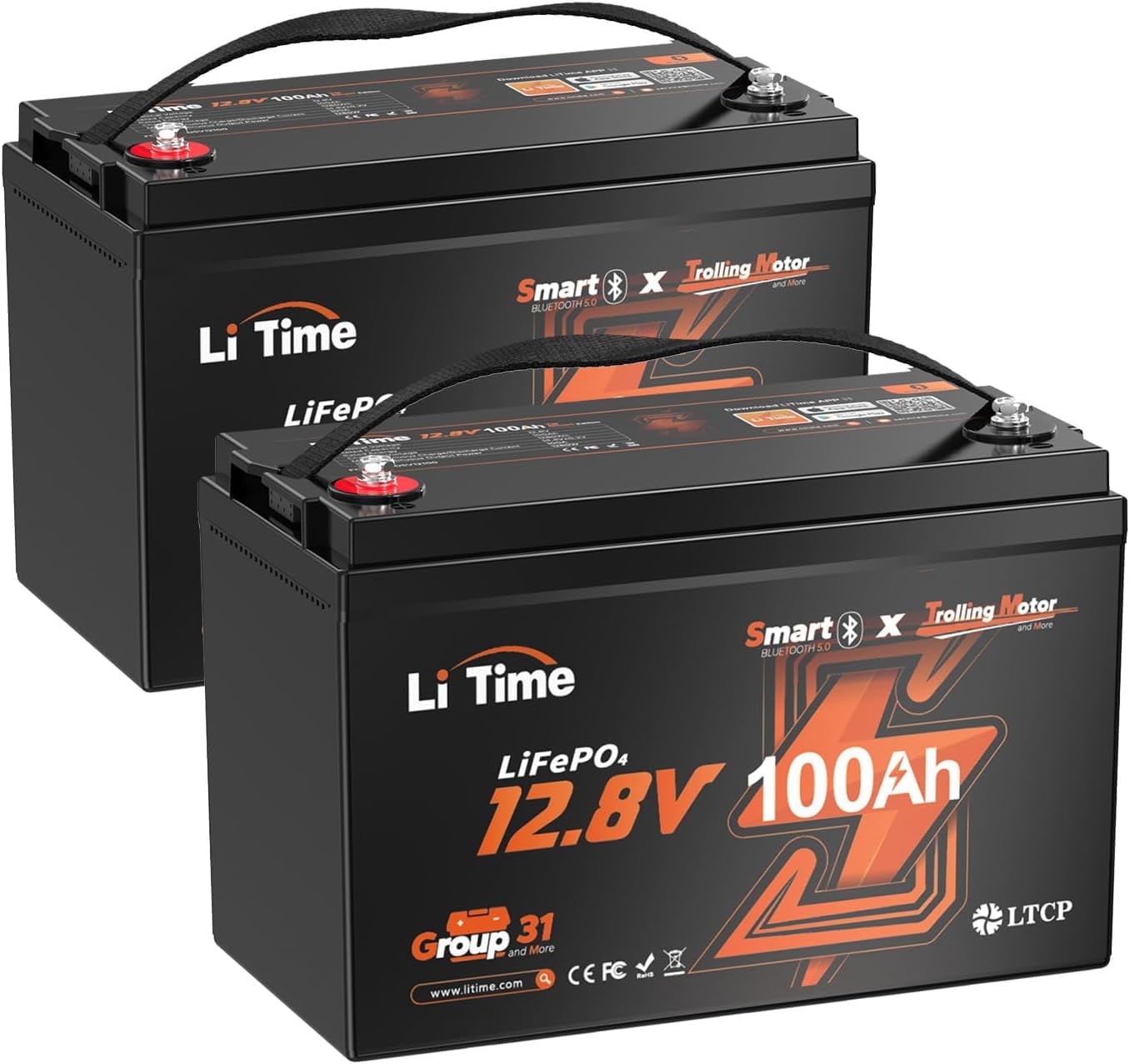 LiTime 2 Packs 12V 100Ah Trolling Motors Bluetooth LiFePO4 Lithium