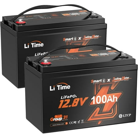 LiTime 2 Packs 12V 100Ah Trolling Motors Bluetooth LiFePO4 Lithium Battery 100A BMS Lighter Group 31