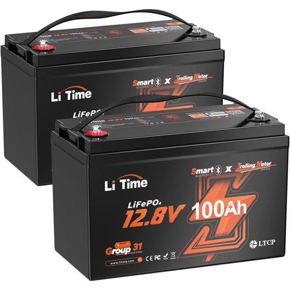 LiTime 2 Packs 12V 100Ah Trolling Motors Bluetooth LiFePO4 Lithium Battery 100A BMS Lighter Group 31