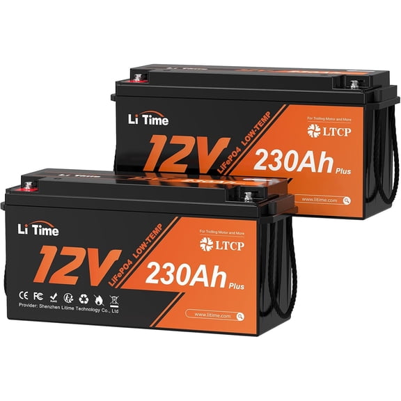 LiTime 2 Packs 12V 230Ah Deep Cycle LiFePO4 Battery for RV, Travel Trailer | Group 4D, 200A BMS, Max. 15000 Cycles, IP65 Waterproof, Low Temp Protection, Max 4P4S, 2944Wh, for Solar, Off-Grid, Marine