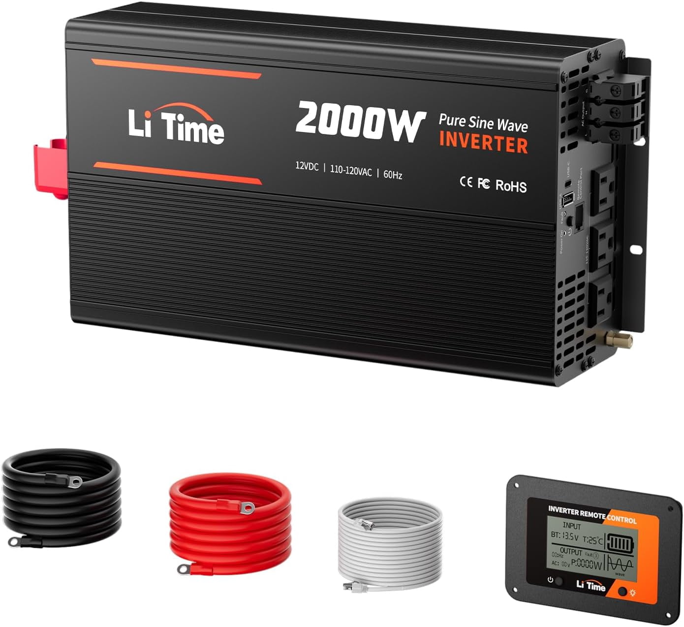 LiTime 2000W Pure Sine Wave Inverter 12V DC to 120V AC Converter with Remote Control, Surge 4000W, Built-in 4 AC Outlets, USB Port, Type-C Port for Home, RV, Camping, Off-Grid, Solar Power