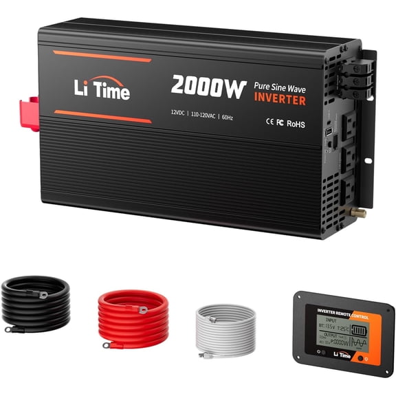 LiTime 2000W Pure Sine Wave Inverter 12V DC to 120V AC Converter with Remote Control, Surge 4000W, Built-in 4 AC Outlets, USB Port, Type-C Port for Home, RV, Camping, Off-Grid, Solar Power