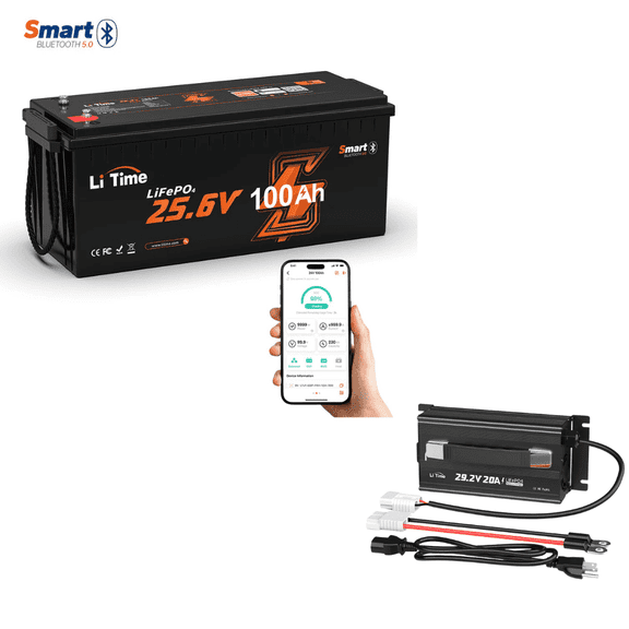 LiTime 24V 100Ah Bluetooth LiFePO4 Lithium Battery with 24V 20A Charger, Low-Temp Cutoff Protection, Built-in 100A BMS, 4000+ Deep Cycles for Trolling Motors, RVs, Marine, Off-Grid, Home Energy