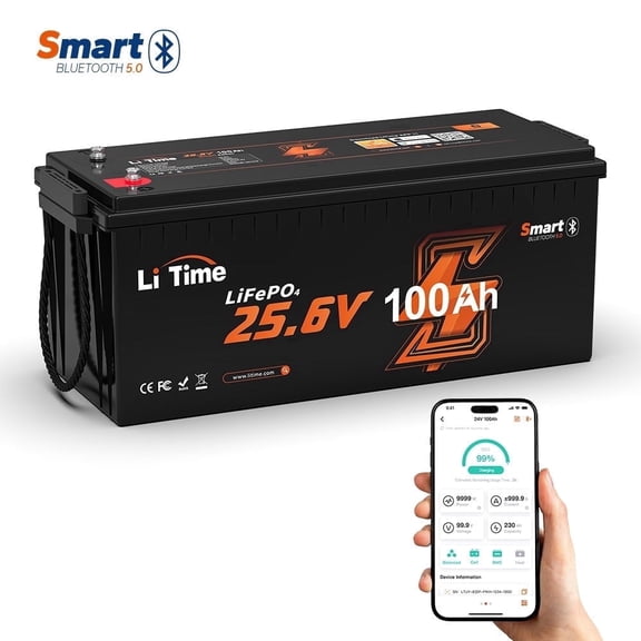 LiTime 24V 100Ah Bluetooth LiFePO4 Lithium Battery, Built-in 100A BMS, 4000+ Deep Cycles for Trolling Motors, RVs, Marine, Home Energy
