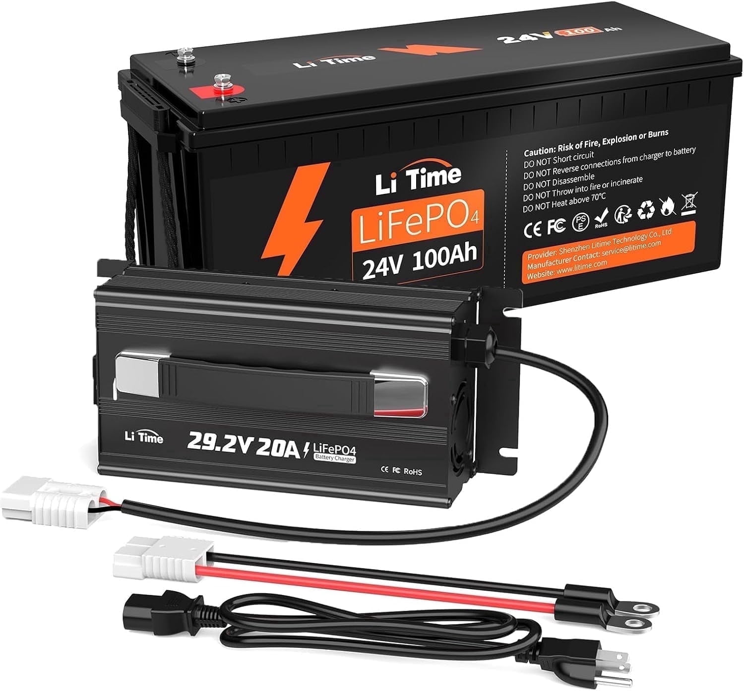 LiTime 24V 100Ah LiFePO4 Lithium Battery with 29.2V 20A LiFePO4 Battery Charger, 100A BMS Max. 2560W Load Power for Camper Solar
