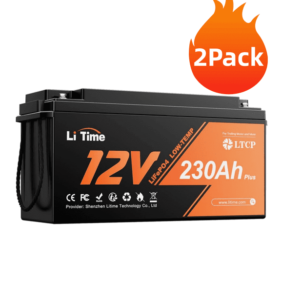 LiTime 2Pack 12V 230Ah Lifepo4 Battery, Built-in 200A BMS, 2944Wh Energy, Max 15000 Deep Cycles, Lithium Battery for RV, Travel Trailer, Trolling Motor