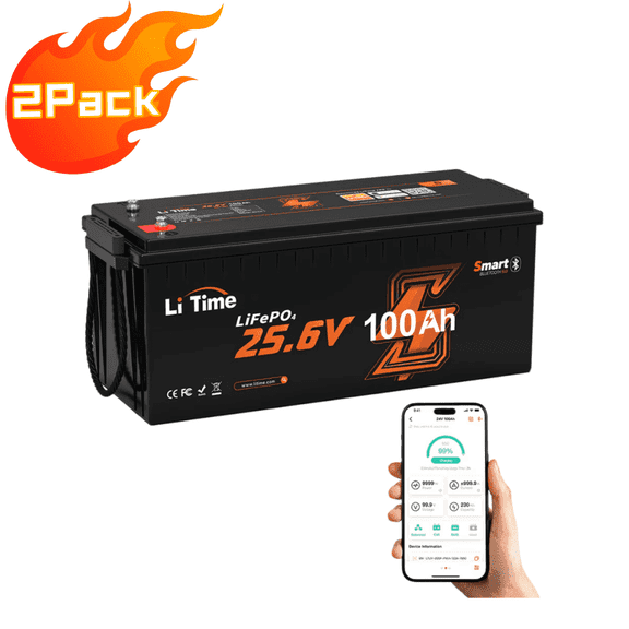 LiTime 2Pack 24V 100Ah Bluetooth LiFePO4 Lithium Battery, Low-Temp Cutoff Protection, Built-in 100A BMS, 4000+ Deep Cycles for Trolling Motors, RVs, Marine, Off-Grid, Home Energy