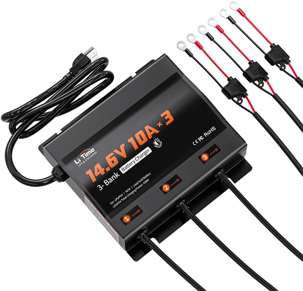 LiTime 3-Bank 10A (10A/Bank) Smart Battery Charger 14.6V LiFePO4 Battery Charger AC-DC Charger with Fuse, LED Indicator for RV, Boat, Motorcycle, Lawn Mower, Trolling Motor and Lead Acid Battery