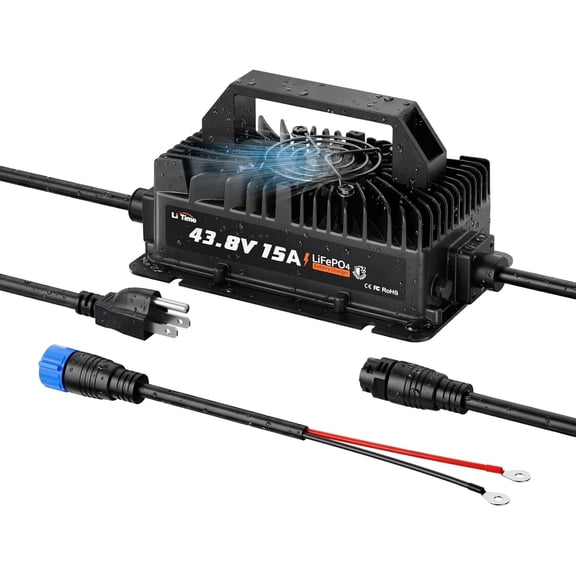 LiTime 36V (43.8) 15A LiFePO4 Battery Charger, 36 Volt Lithium Battery Charger IP66 Waterproof, LED Indicator, Smart 3-Stage Charger for Golf Cart, RV, Trolling Motor