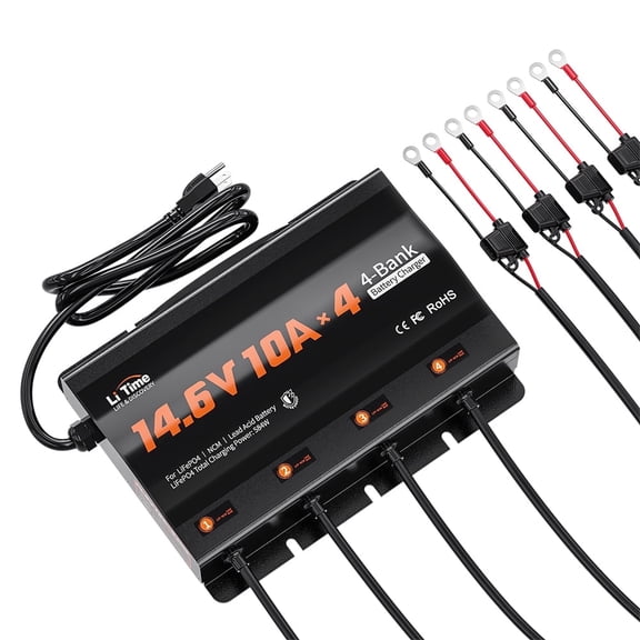 LiTime 4-Bank 10A Smart Battery Charger, 14.6V LiFePO4 Battery Charger AC-DC Charger with Fuse, LED Indicator for RV Boat Motorcycle Lawn Mower Trolling Motor and Lead Acid Battery
