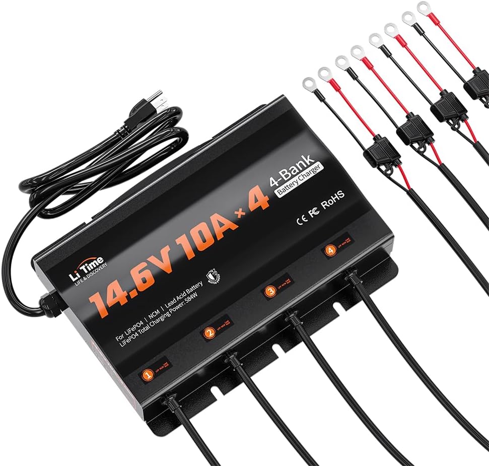 LiTime 4-Bank 10A Smart Battery Charger, 14.6V LiFePO4 Battery Charger AC-DC Charger with Fuse, LED Indicator for RV Boat Motorcycle Lawn Mower Trolling Motor and Lead Acid Battery