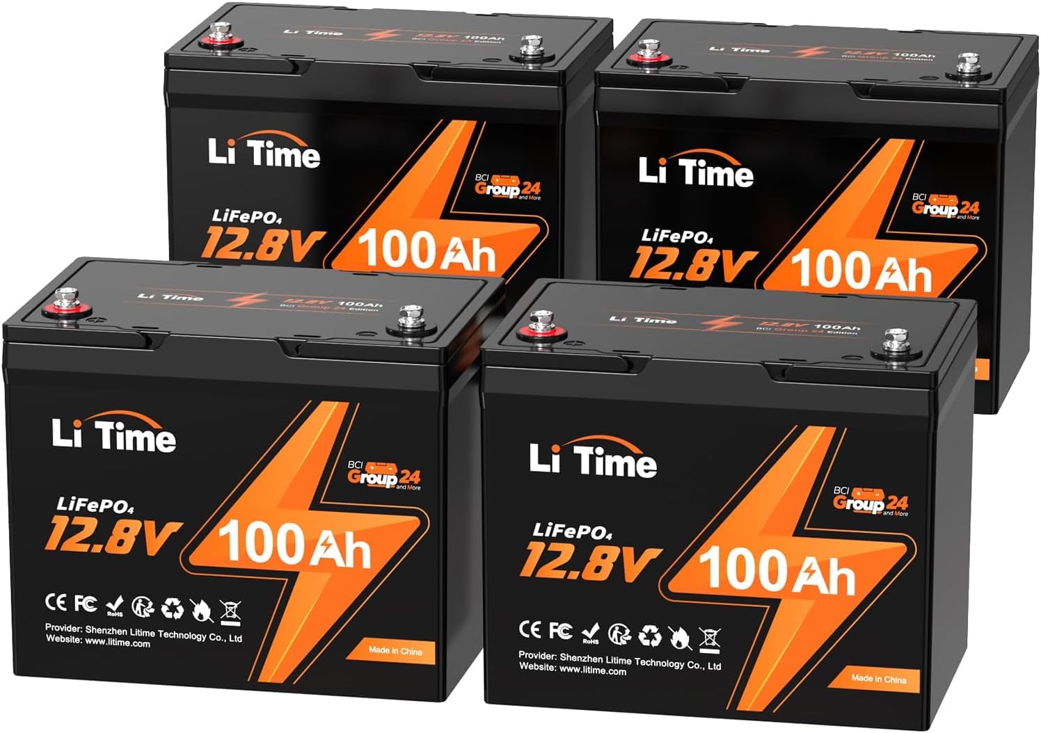 LiTime 4 Pack 12V 100Ah RV Lithium Battery, Group 24, 15000 Cycles