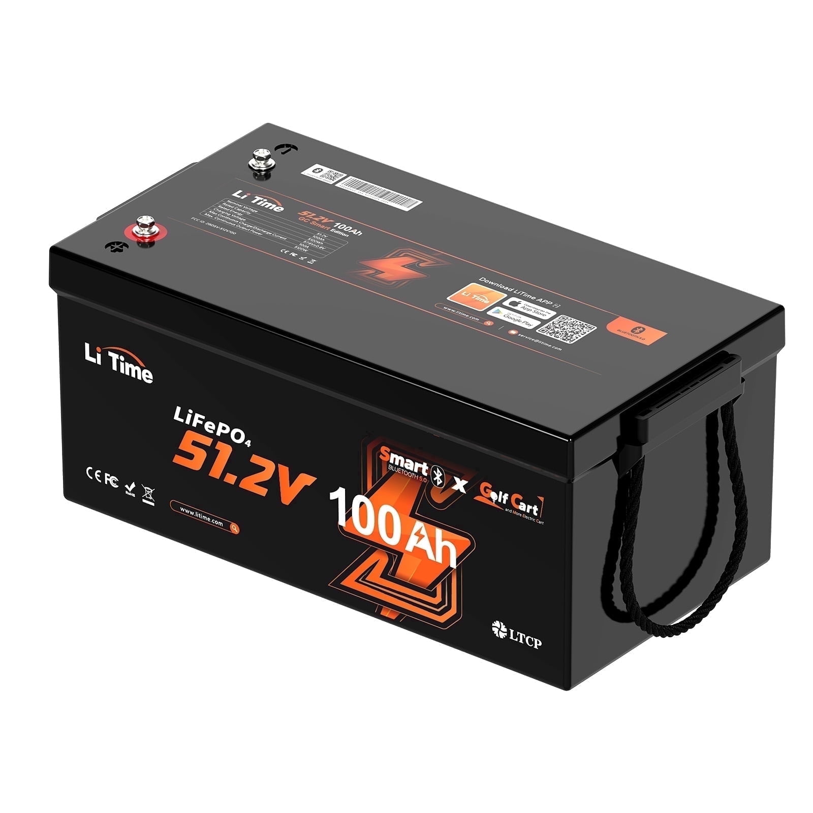 LiTime 48V 100Ah Golf Cart Bluetooth Lithium Battery 200A BMS Support up to 5kW Motor Max 10.2kW Continuous Power Output