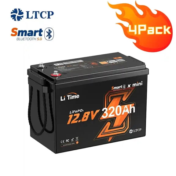 LiTime 4Pack 12V 320Ah Mini Lithium LiFePO4 RV Battery with Bluetooth, Max 15000 Deep Cycles Battery, 4096Wh Energy Perfect for Camper, Trailer, Van, Truck, Solar, Marine
