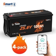 LiTime 4Pack 24V 100Ah Bluetooth LiFePO4 Battery, Low-Temp Protection, 25.6 Volt Lithium Battery Built-in 100A BMS, 4000+ Deep Cycles, Max. 2560Wh Energy for RV, Solar, Marine, Off-Grid