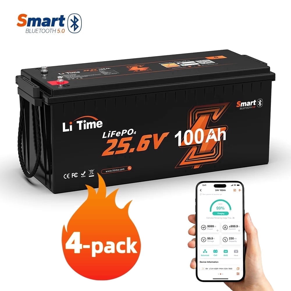 LiTime 4Pack 24V 100Ah Bluetooth LiFePO4 Battery, Low-Temp Protection, 25.6 Volt Lithium Battery Built-in 100A BMS, 4000+ Deep Cycles, Max. 2560Wh Energy for RV, Solar, Marine, Off-Grid