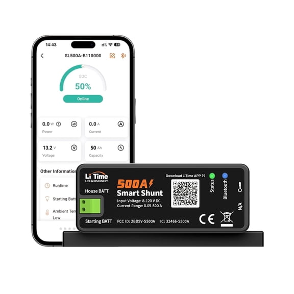 LiTime 500A Smart Shunt, Bluetooth Battery Monitor Range 8V-120V, SOC, Alarm Alerts, History Records, App Monitoring for Lithium, LFP, AGM, Gel Batteries