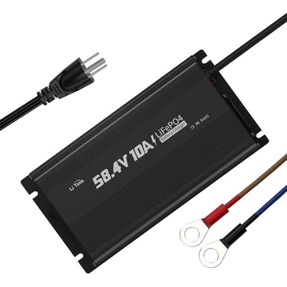 LiTime 58.4V 10A LiFePO4 Battery Charger with Smart 0V Charing Function, AC-DC Lithium Iron Phosphate Lithium Battery Dedicated Charger with Wire Lugs and Cooling Fan for 51.2V Battery