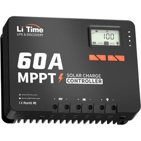 LiTime 60 Amp MPPT Bluetooth 12V/24V/36V/48V/Auto DC Input Solar Panel Charge Controller