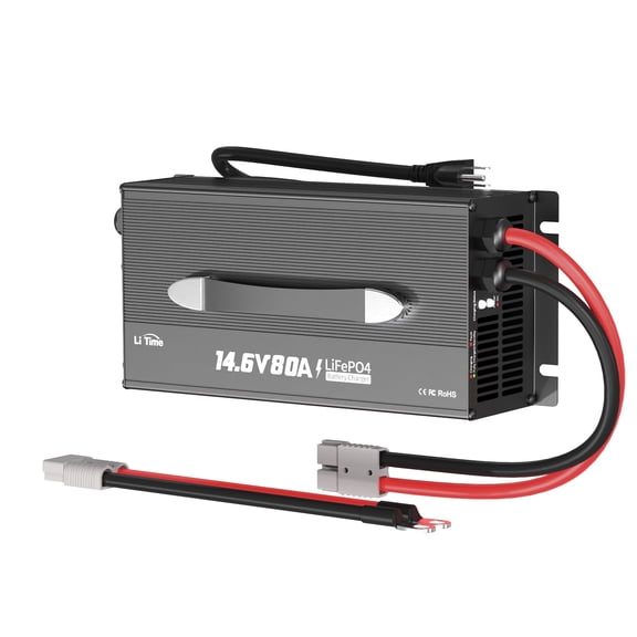 LiTime 80-Amp Lithium Battery Charger 12V LiFePO4 Battery Charger AC-DC Smart Charger with Cooling Fan Anderson Connector LED for 14.6V LiFePO4 Lithium Batteries, 80A Fast Charging