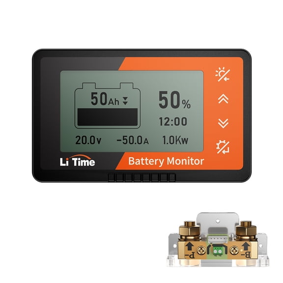 LiTime 500A Battery Monitor with Shunt, M8 Terminals, 8V-120V Battery Shunt for RV, Off Grid, Golf Carts, Solar System, Buzzer Alarm