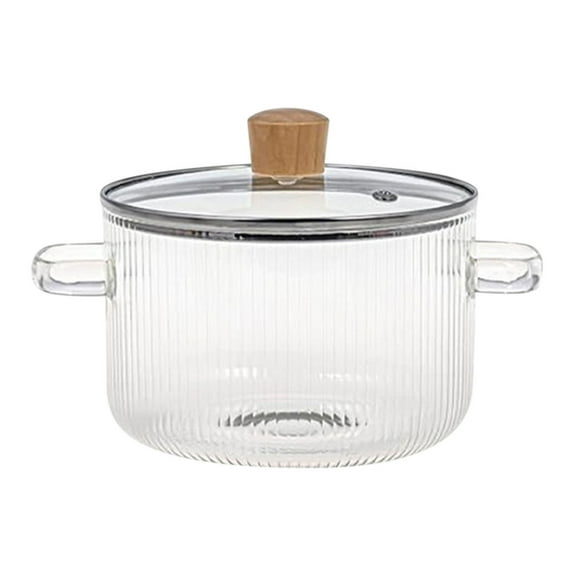 LiUMX 1.6L Transparent Glass Pot with Wooden Handles, Heat-Resistant Stew Pot for Soup Making, Stove & Open Heat Cooking, 15*15.5*9.5cm, Non-Stick & Easy Clean