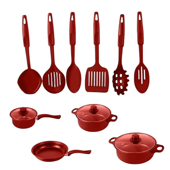 LiUMX 13-Piece Cookware Set, Non-Stick Frying Pan, Soup Pot & Milk Pan with Glass Lids, Iron Maifan Stoneware in 5 Colors (Red) for Even Heating & Easy Cleaning