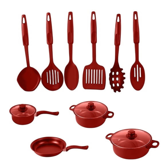 LiUMX 13-Piece Cookware Set, Non-Stick Frying Pan, Soup Pot & Milk Pan with Glass Lids, Iron Maifan Stoneware in 5 Colors (Red) for Even Heating & Easy Cleaning