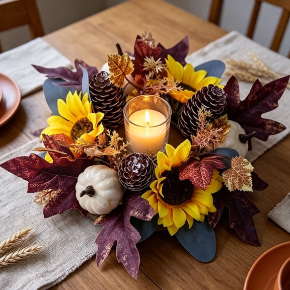 LiUMX 2-Pack Thanksgiving Harvest Festival Sunflower Pumpkin Pinecone Scented Candle Holders, Flower Wreath Ring Table Decoration Set, Indoor Outdoor Autumn Home Décor