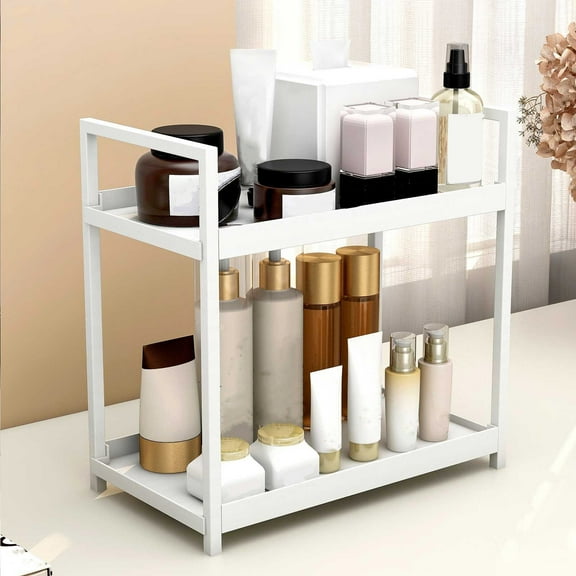 LiUMX 5-Tier Metal Cosmetic Organizer Shelf, 11.8x11.8x6.7in White Desktop Storage Rack for Bathroom & Dormitory, Multi-Layer Display