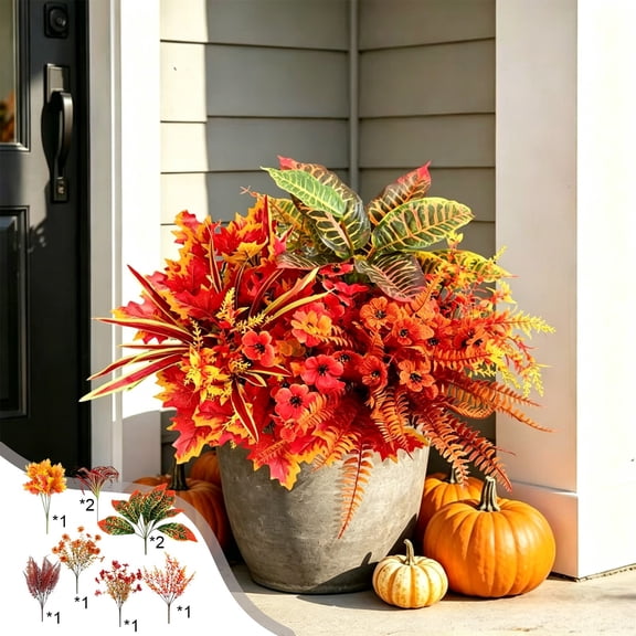 LiUMX 9-Pack Artificial Fall Leaves, Mixed Maple Fern Stems, Brown Plastic Autumn Floral Arrangement Decor for Thanksgiving, Halloween, Home Decor, Store Decor, Window Displays