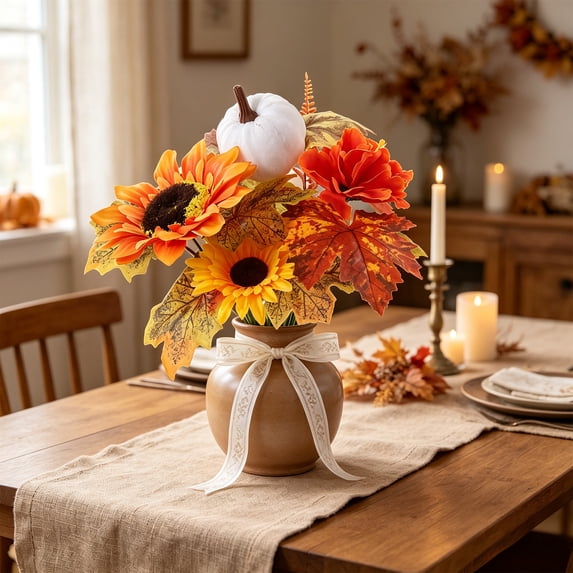 LiUMX Artificial Fall Sunflower and Maple Leaf Bouquet, Multicolor Faux Floral Arrangement with Pumpkins and Berries, Plastic Thanksgiving Harvest Home Decor