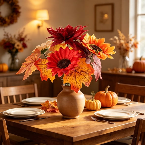 LiUMX Artificial Fall Sunflower and Maple Leaf Bouquet, Multicolor Faux Floral Arrangement with Pumpkins and Berries, Plastic Thanksgiving Harvest Home Decor