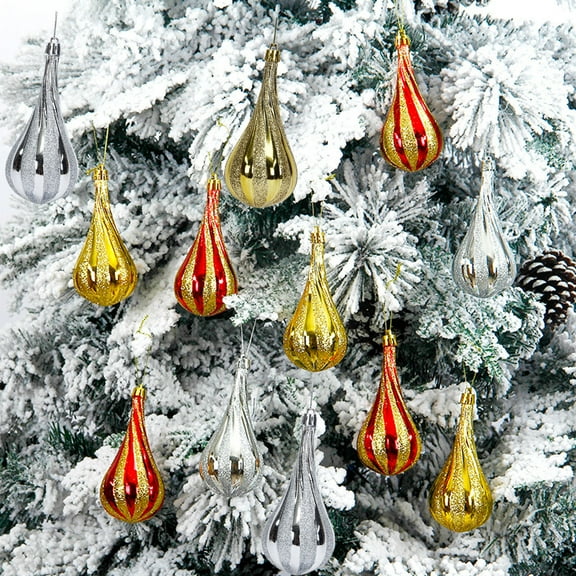 LiUMX Christmas Tree Water Drop Ornaments | Electroplated Plastic Teardrop Balls | Gold Red Silver Colors | Set of 4 Holiday Decorations