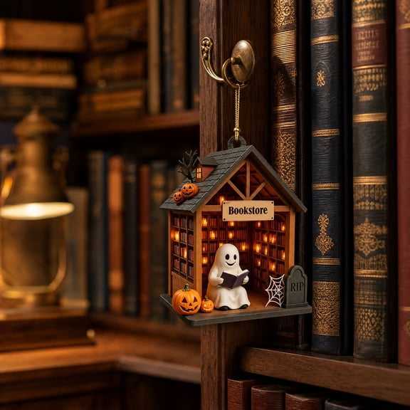 LiUMX Custom Name Light Up Halloween Bookstore Ghost Acrylic Ornament, Personalized Mini Bookshelf Hanging Decor for Tree, Window, Party, Gift for Book Lovers