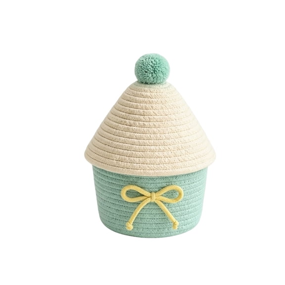 LiUMX Cute Lid Storage Basket With Bow Decor, Knitting Cotton Covered Desktop Organizer Bin, Decorative Round Container for Cosmetics and Small Sundries
