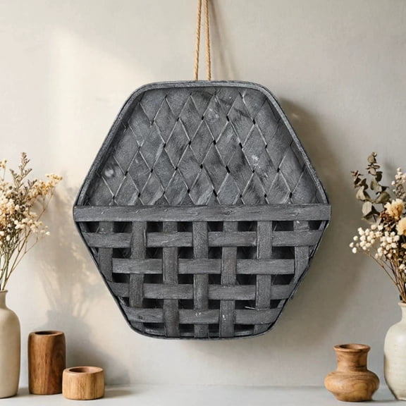 LiUMX Distressed Hexagon Woven Wood Wall Basket, Hanging Wall Storage Pocket Decor, Handwoven Rustic Weathered Finish for Mail, Flowers, Kitchen and Entryway