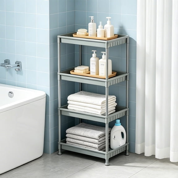 LiUMX Freestanding Plastic Storage Shelf, 4 Layer Multipurpose Organizer Rack, Gray Indoor Household Shelving for Kitchen Bedroom Office Space Saving