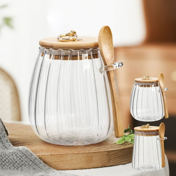 LiUMX Glass Tea Leaf Storage Jar with Spoon | Airtight Kitchen Container for Herbs & Spices | Clear Glass Canister with Lid | 1 Jar & Spoon Set